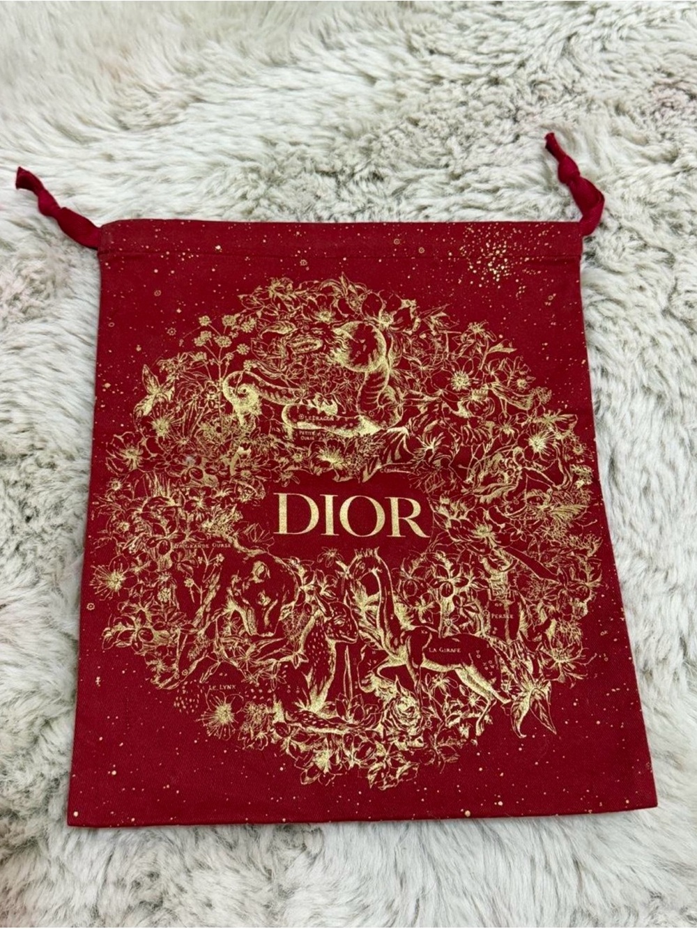 Dior Red Drawstring Pouch with Gold Floral Crest